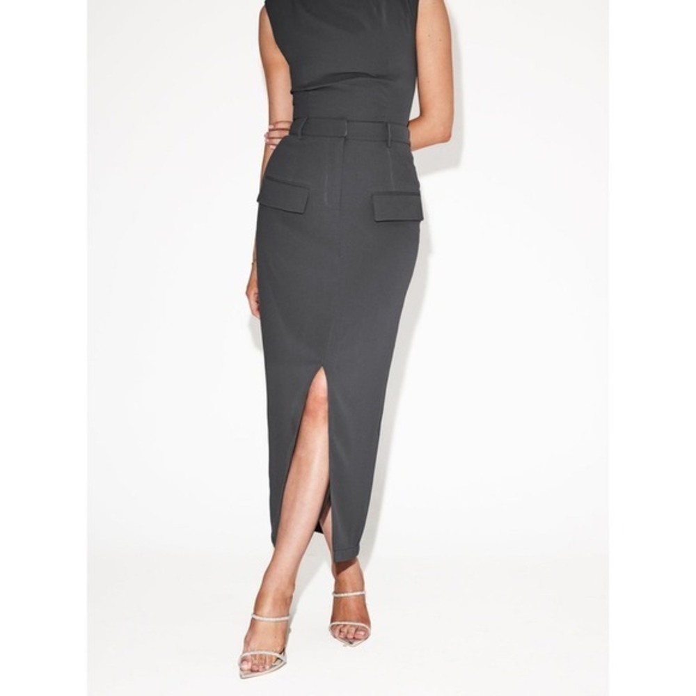 Commense‎ Split-front Solid Midi Skirt Gray size … - image 6